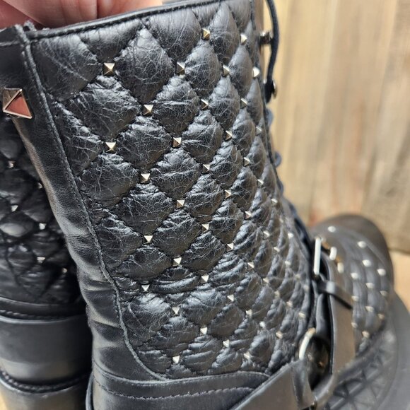 Womens Valentino Garavani Size 8 Eu 38 Leather Quilted Rock Stud Biker Boots - Picture 10 of 13